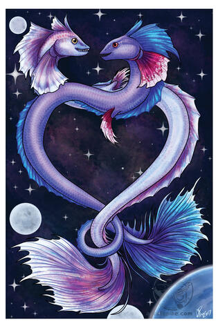 Valentine's Sea Monsters in Space (digital, 2017, done as a commission)